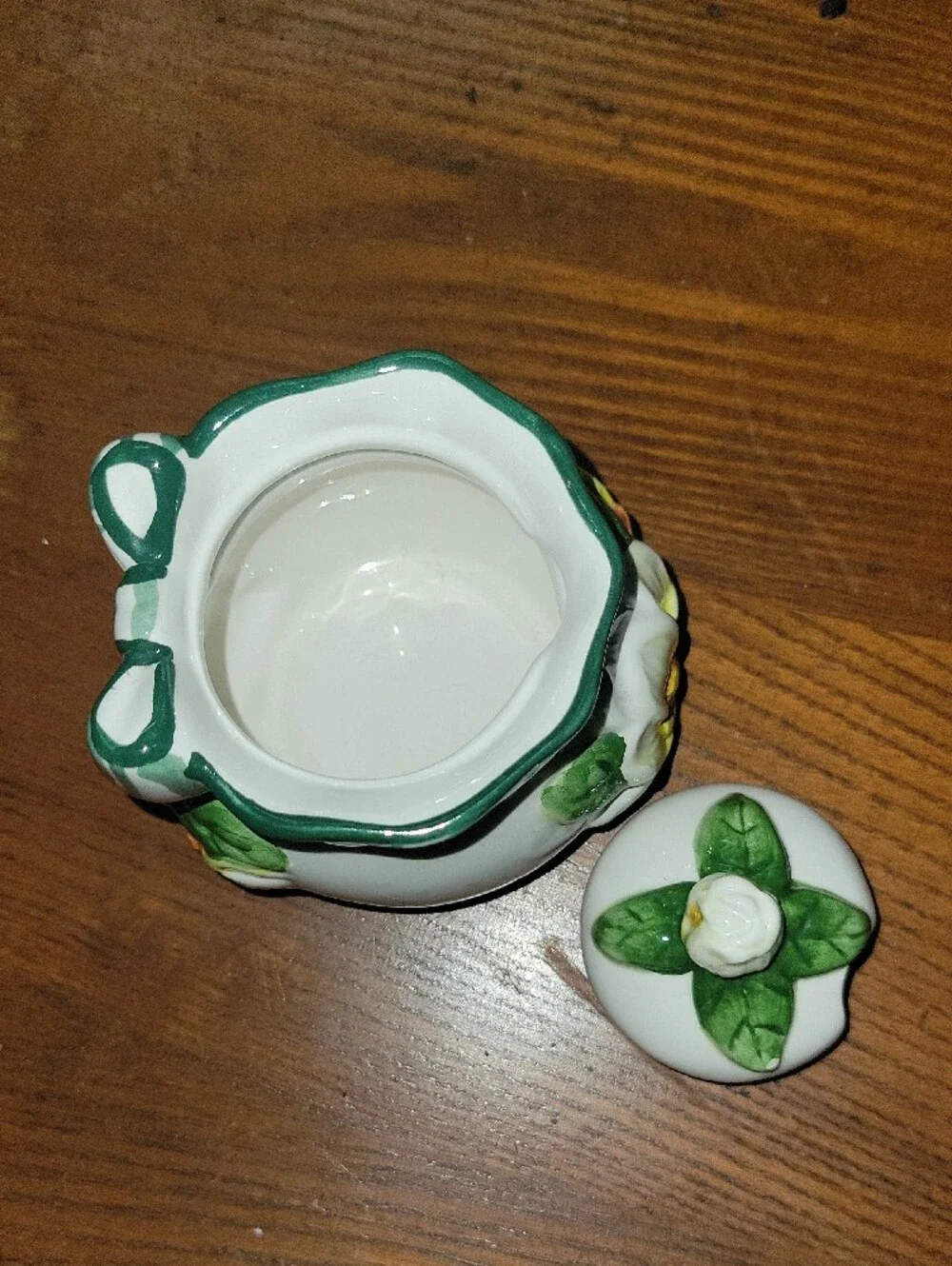 Young's Exclusive Sugar Or Jam Jar White Ceramic Floral  with Green Bow